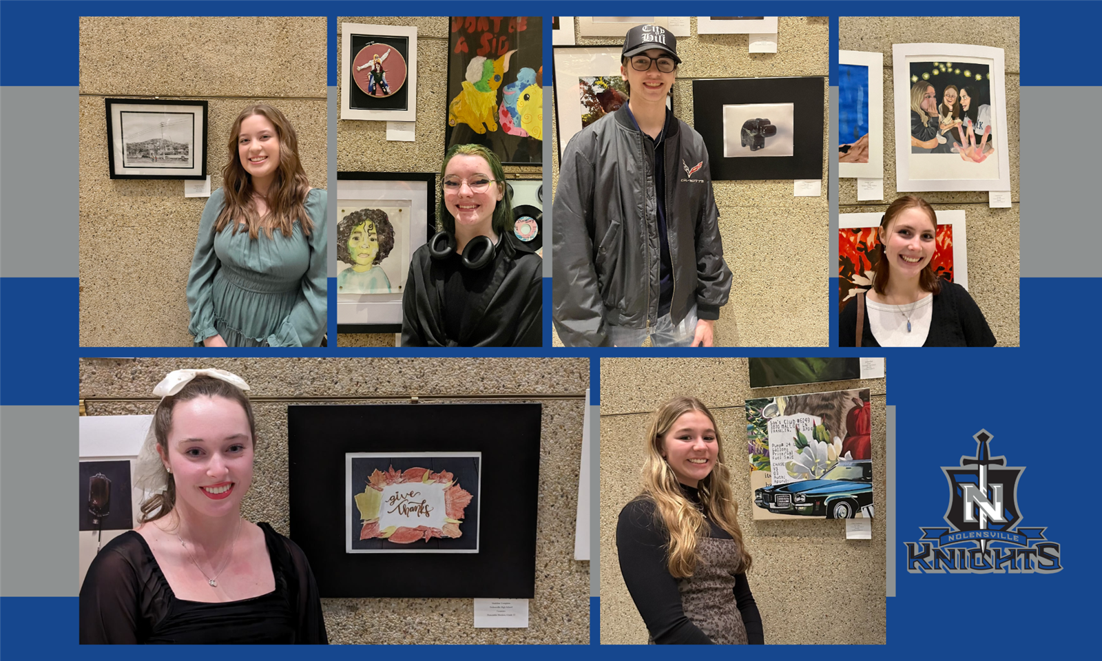 Student smile in front of works of art